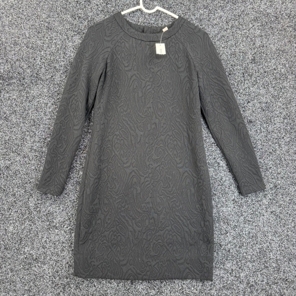 Banana Republic Black Matelasse Paisley Shift Dress Long Sleeve Gold Zip Size 6